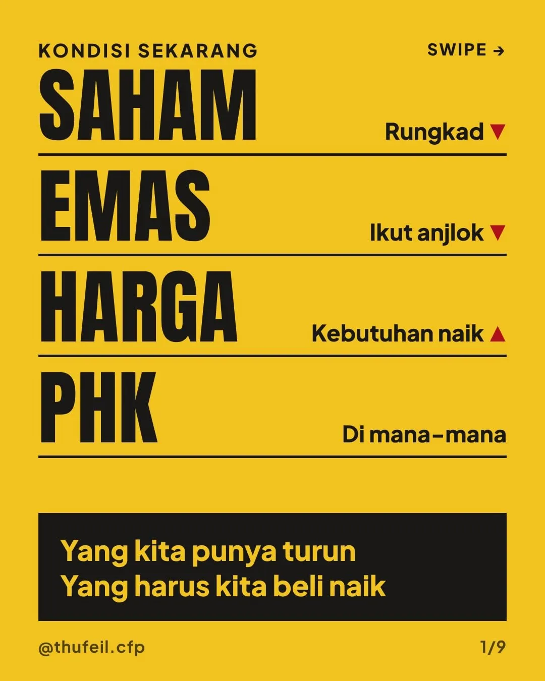 Slide kuning bertuliskan saham, emas, harga, dan PHK, dengan kalimat: yang kita punya turun, yang harus kita beli naik.
