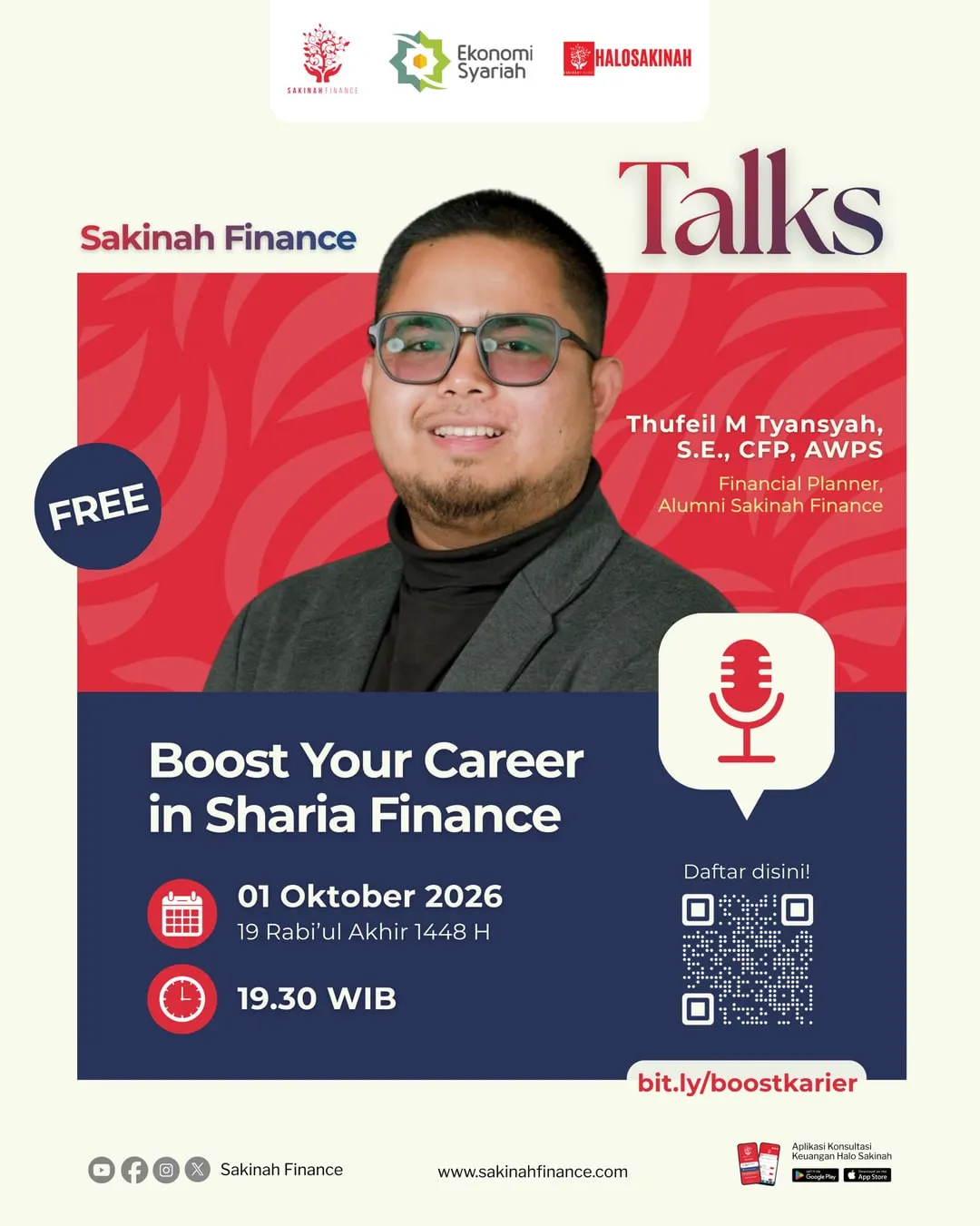 Poster Sakinah Finance Talks dengan foto Thufeil sebagai pembicara topik Boost Your Career in Sharia Finance.