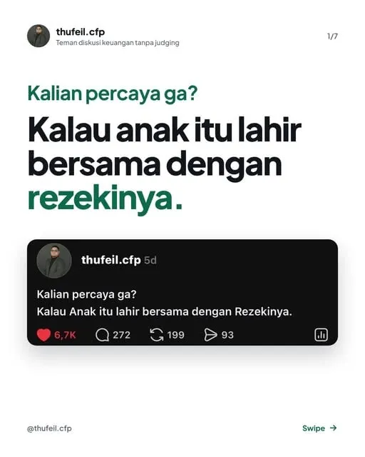 Slide bertanya apakah anak lahir bersama rezekinya, disertai tangkapan layar unggahan thufeil.cfp.