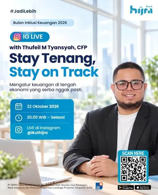 Poster IG Live Bank Hijra bersama Thufeil bertema mengatur keuangan di tengah ekonomi yang tidak pasti.