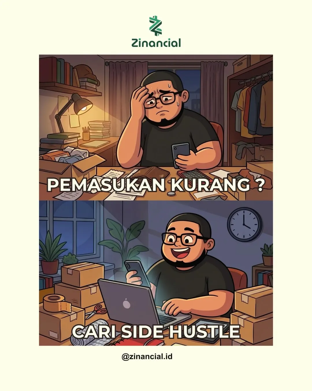 Ilustrasi dua panel: seseorang cemas karena pemasukan kurang, lalu bersemangat mengerjakan usaha sampingan.