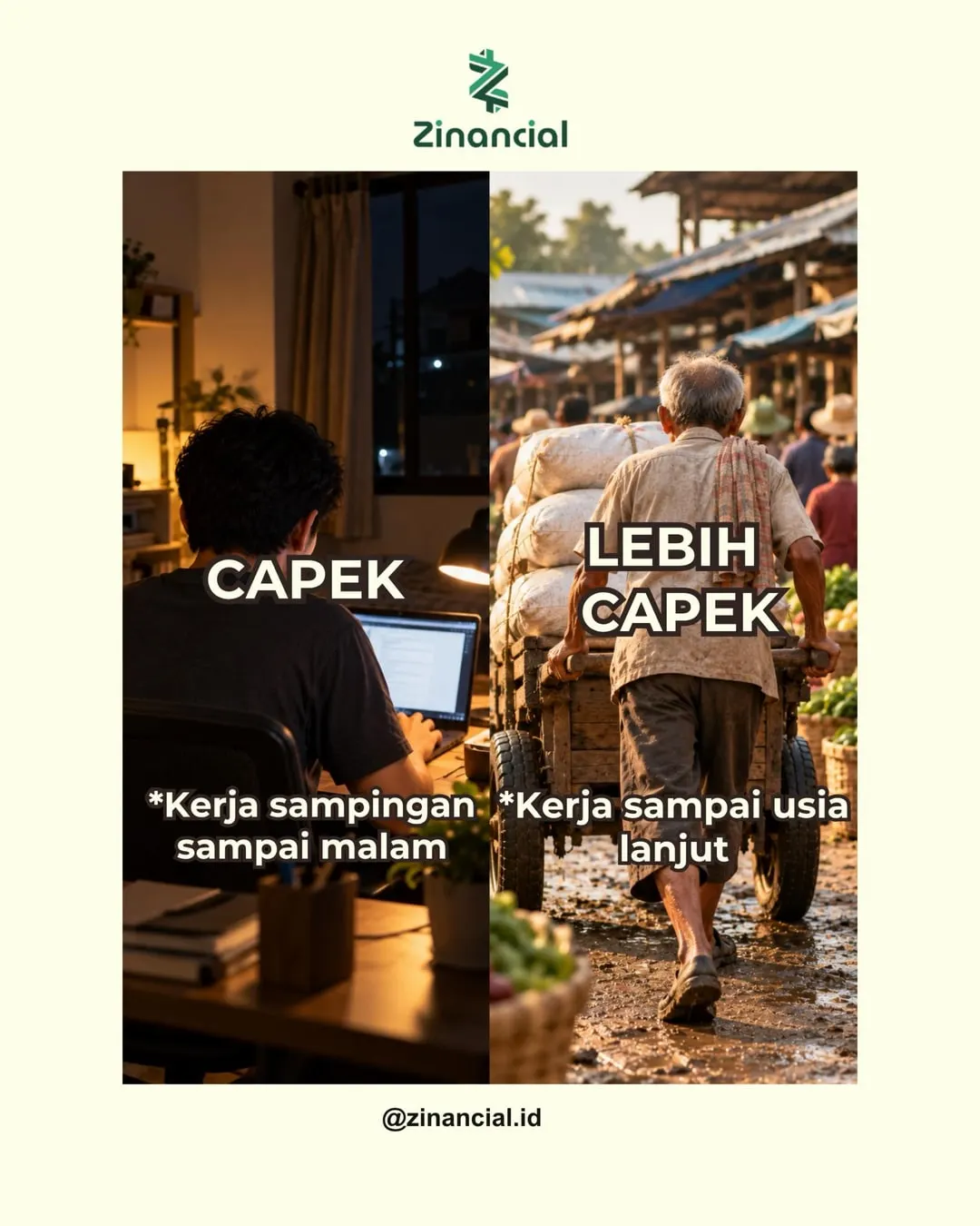 Foto perbandingan: kerja sampingan sampai malam di usia muda, dan tetap bekerja keras di usia lanjut.