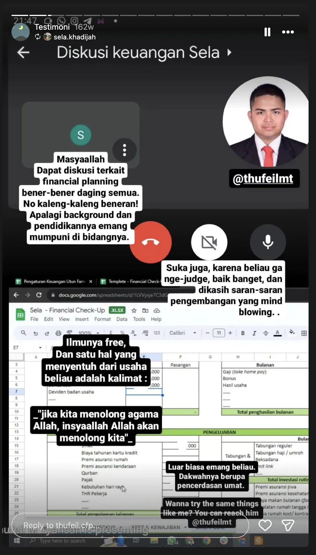 Testimoni 1: Story dari sesi diskusi keuangan via video call. Peserta menulis bahwa Thufeil tidak menghakimi dan memberi saran pengembangan yang konkret.