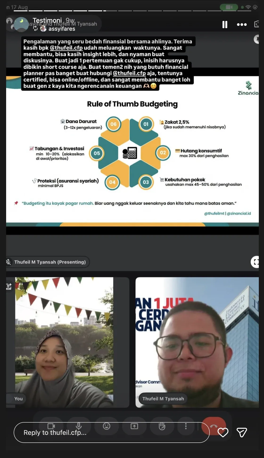Testimoni 3: Story dengan slide Rule of Thumb Budgeting. Peserta menyebut sesinya nyaman untuk berdiskusi dan membantu Gen-Z merencanakan keuangan.