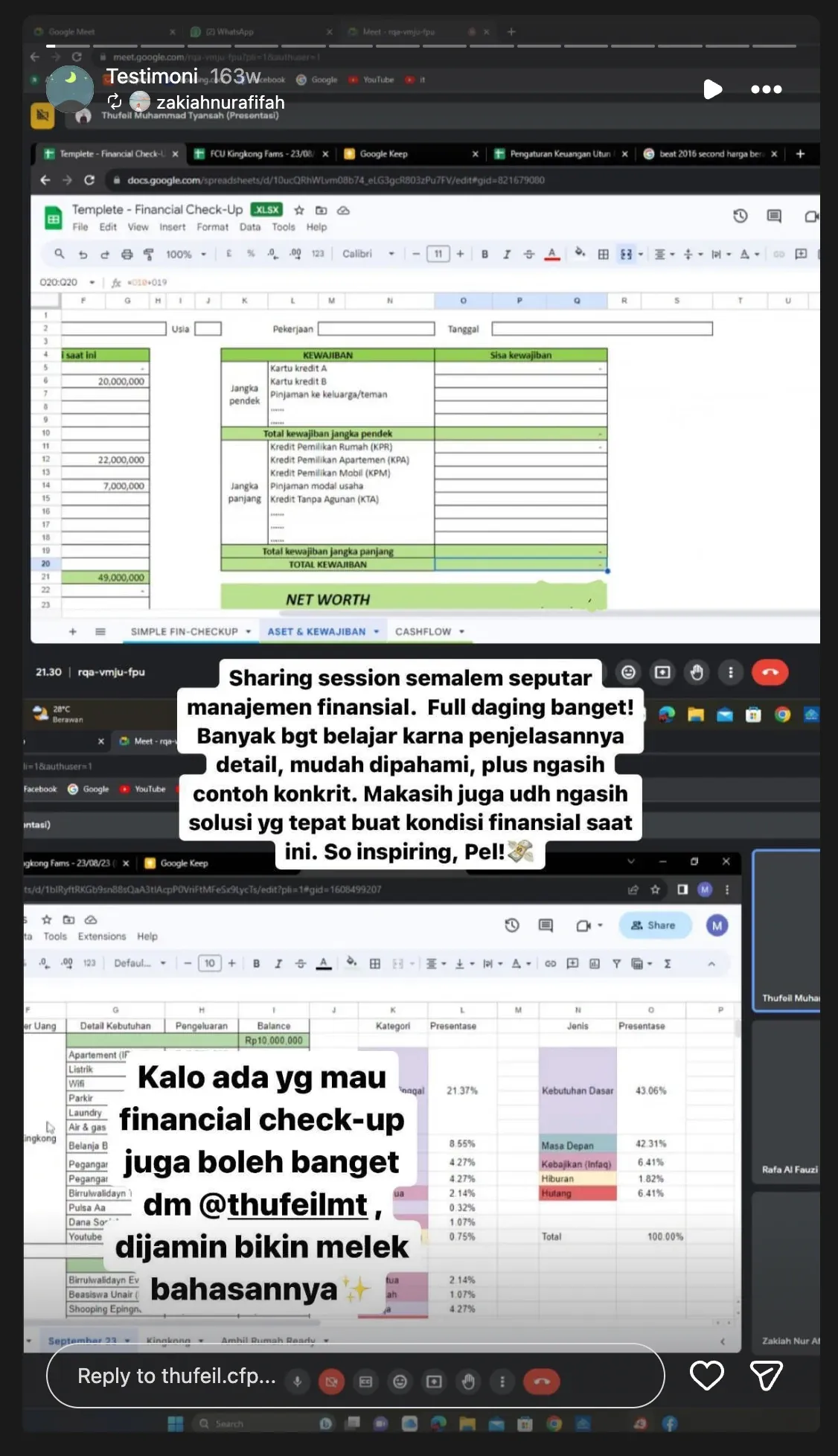 Testimoni 5: Story dengan tangkapan layar template Financial Check-Up. Peserta menyebut penjelasannya detail, mudah dipahami, dan disertai contoh konkret.