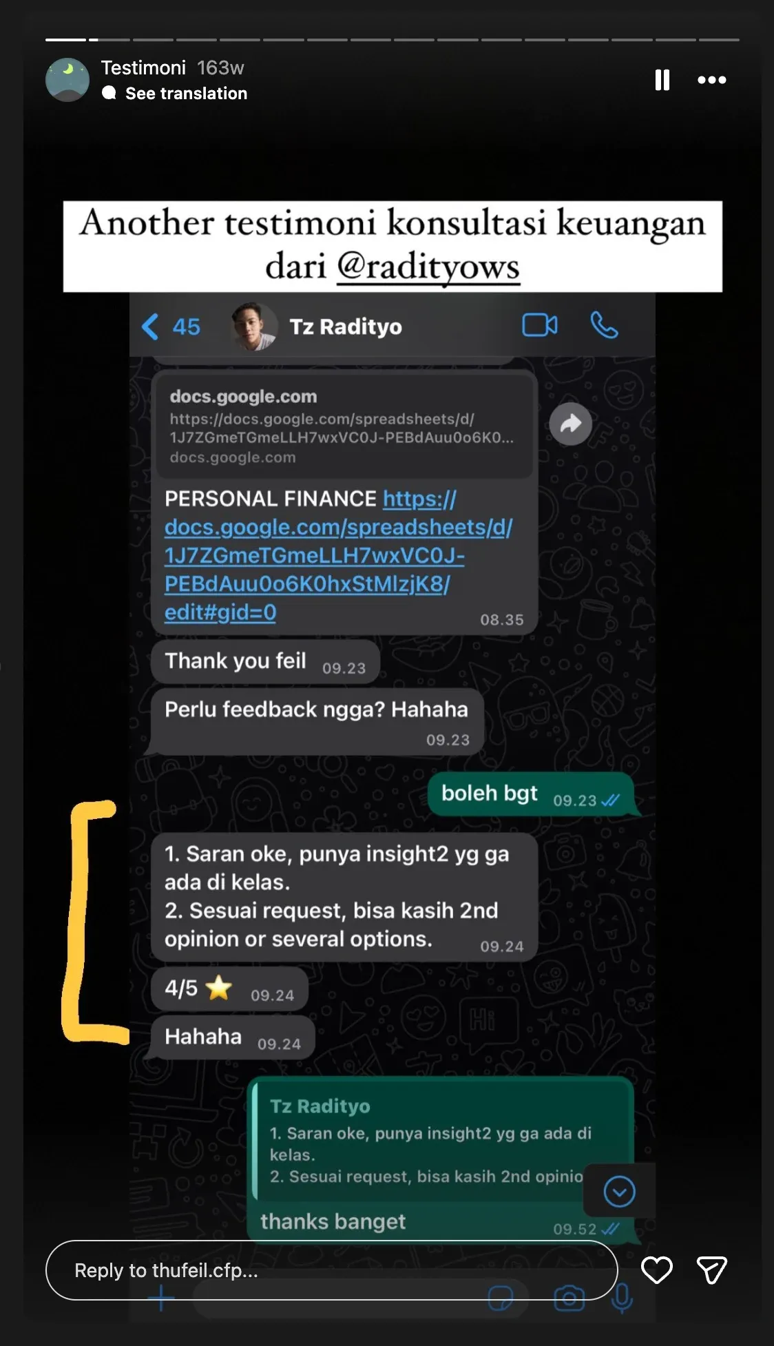 Testimoni 6: Story berisi percakapan WhatsApp. Klien menulis bahwa sarannya memberi insight yang tidak didapat di kelas dan bisa menjadi second opinion.