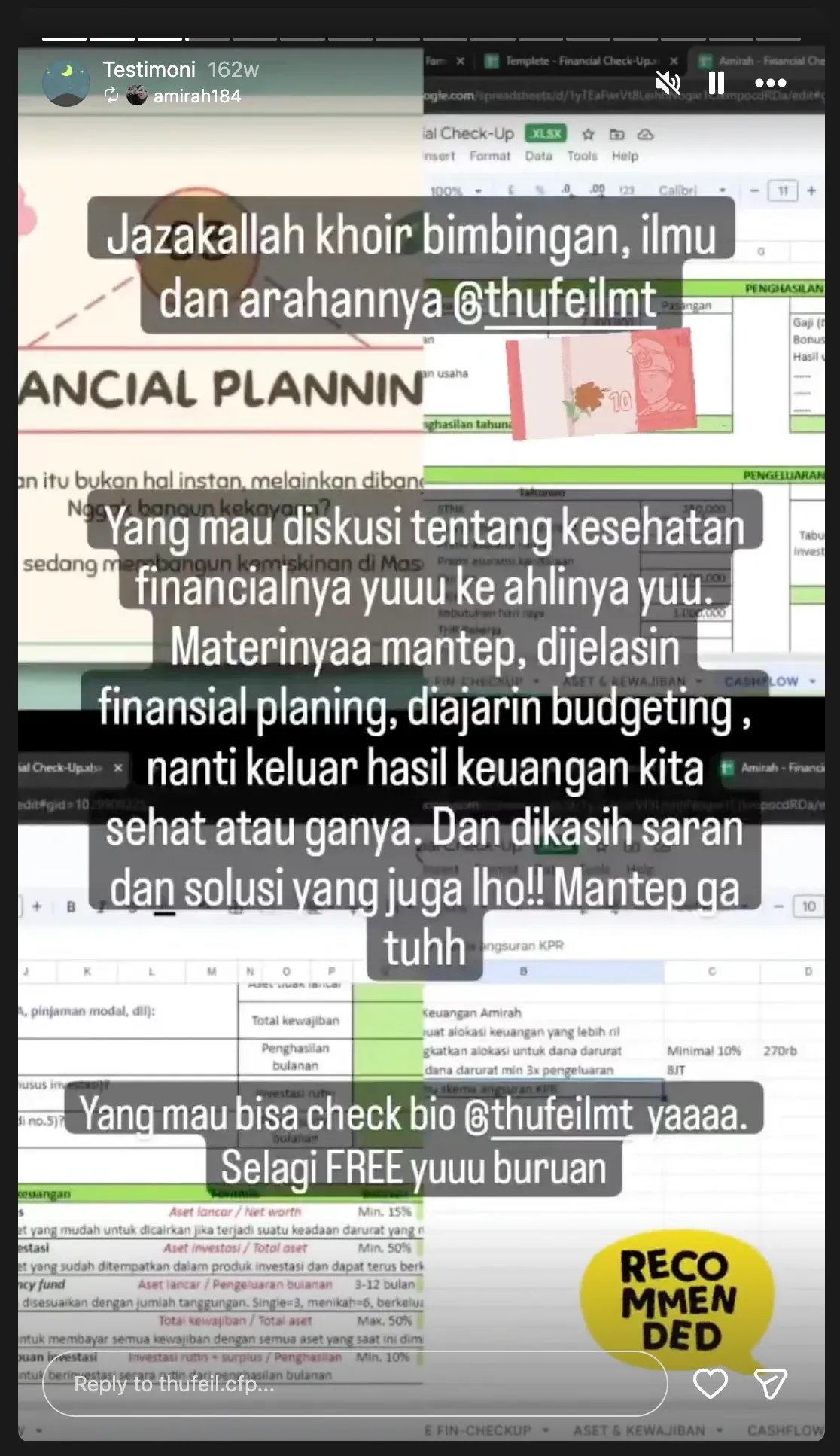 Testimoni 7: Story di atas cuplikan template perencanaan keuangan. Peserta menceritakan sesi tentang budgeting dan menilai kesehatan keuangan.
