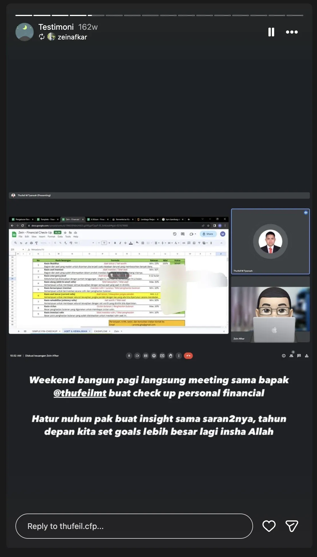Testimoni 8: Story berisi tangkapan layar sesi check-up keuangan pribadi lewat video call di akhir pekan.