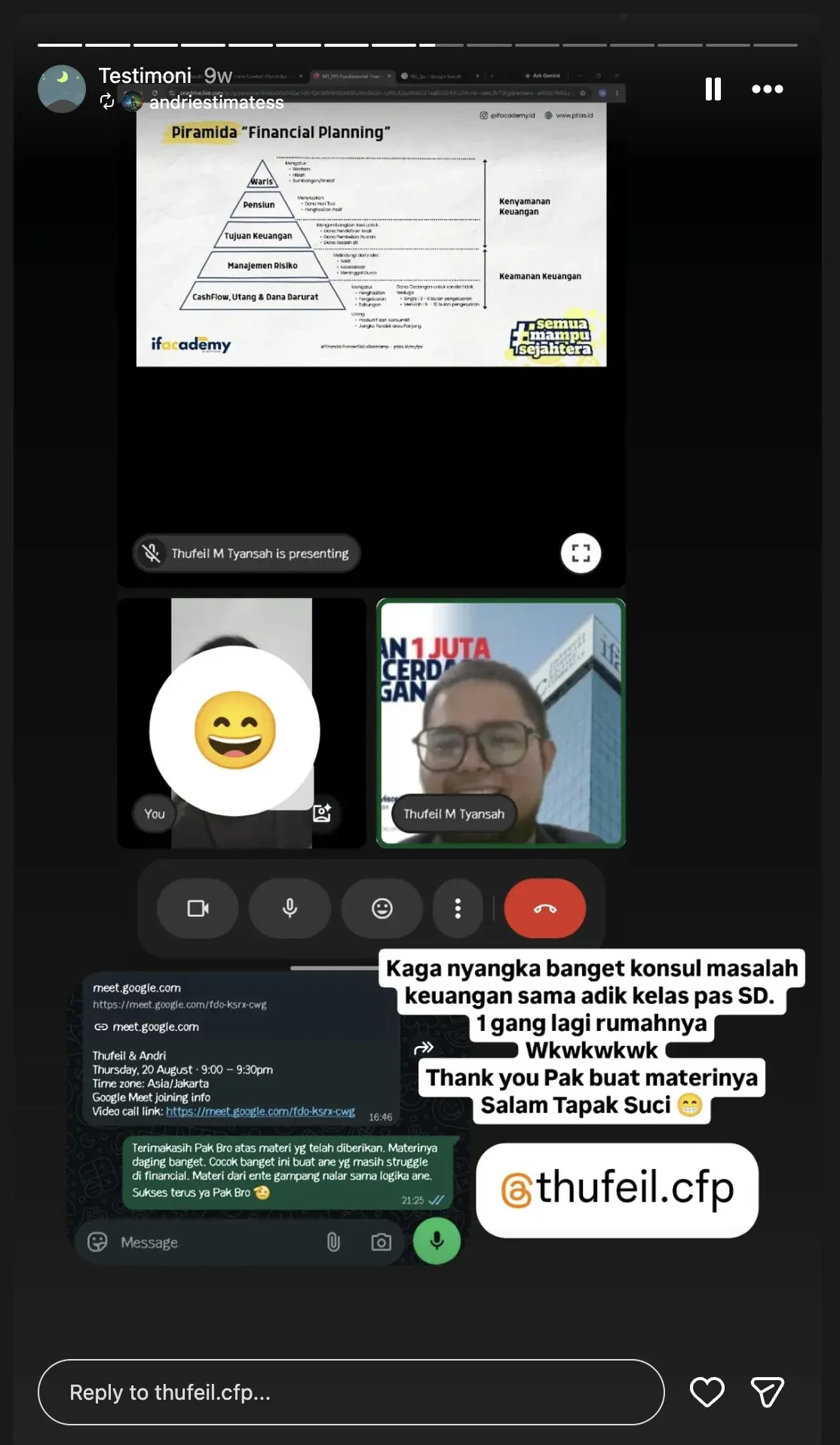 Testimoni 10: Story berisi slide Piramida Financial Planning dan pesan terima kasih atas materi yang mudah dipahami.