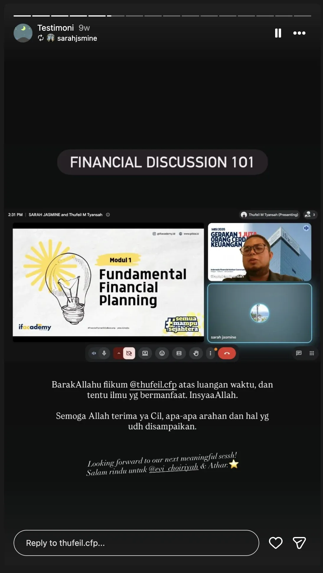 Testimoni 11: Story dari sesi Financial Discussion 101 dengan slide Fundamental Financial Planning.